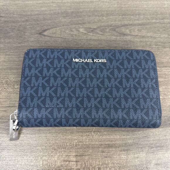 Michael Kors Women's Jet Set Travel Zip Around Leather Wallet Wristlet Navy Logo